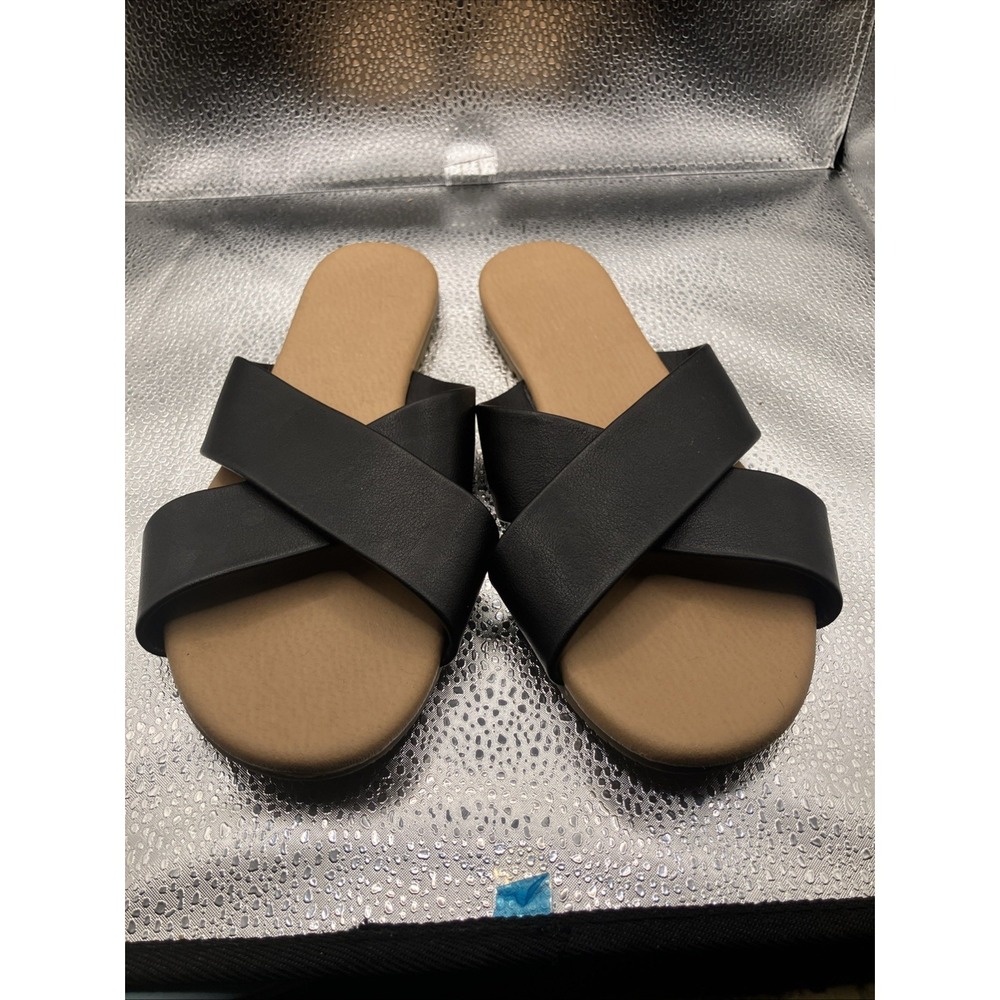 LC Lauren Conrad Sandals Womens 7 Crossband Slide Slip On Casual Flats Black